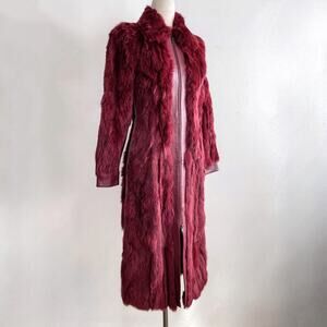 Vintage 70s Genuine Rabbit Fur & Leather Coat Long Jacket Sz M Maroon Burgundy
